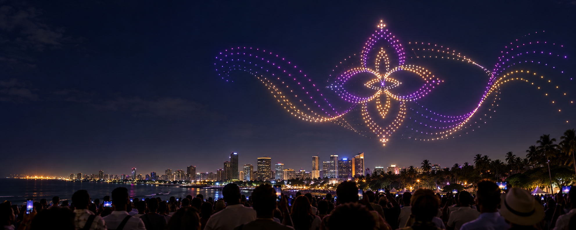 Concept visualisation of a drone light show above an audience in Ghana